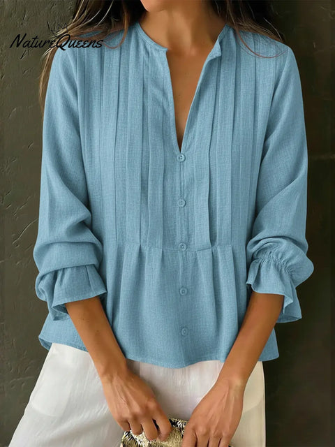 Women's Solid Color Cotton And Linen Pleated Top