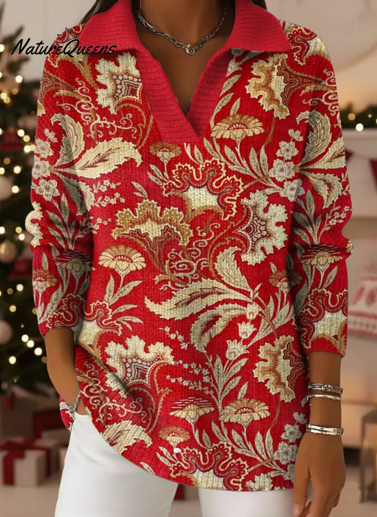 Women's Floral Pattern Art Print Casual Cotton Sweater