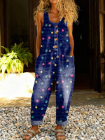 Women's Vintage Print Casual Cotton Vest Denim Jumpsuit