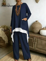 Women's Casual Asymmetrical Hem Cotton Top And Pants Two-piece Set