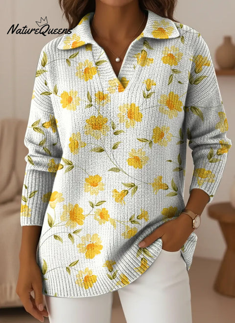 Women's Yellow Little Flower V-neck Sweater
