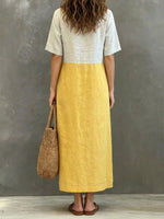 Women’s Color Block Round Neck Cotton Linen Casual Short Sleeve Maxi Dress
