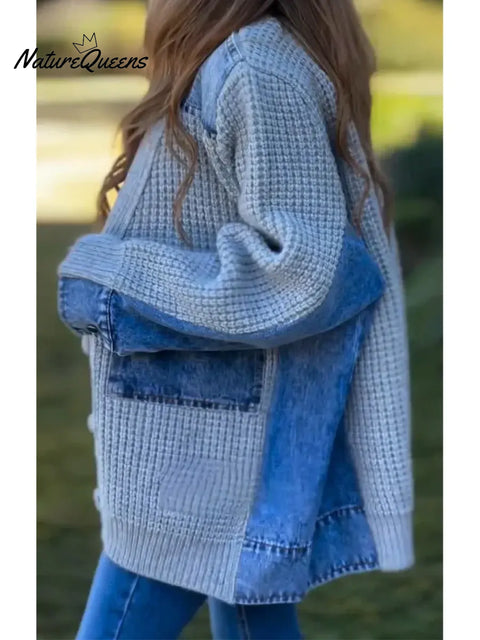 Women's Casual Loose Patchwork Denim Cardigan Sweater