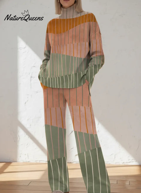 Women's Abstract Pattern Art Print Casual Knitted Cotton Top Pants Suit