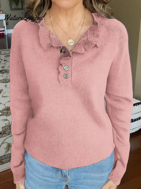 Women's Solid Color V-Neck Long Sleeve Casual Loose Knit Top