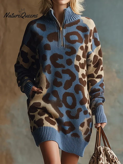 Women's Leopard Print Stand Collar Long Sleeve Casual Loose Knit Dress