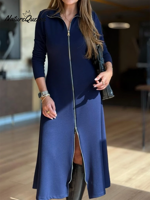 Women's Casual Solid Color Zipper Stretch MIDI Dress
