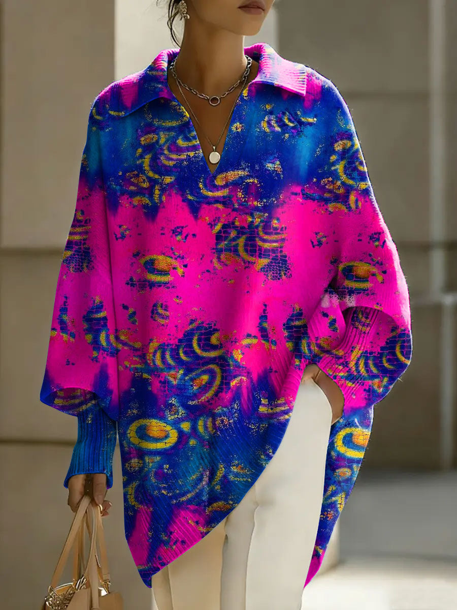 Women's Color Stripes Patterns V-neck Long-sleeved Casual Loose-fitting Knitted Pullover Sweater