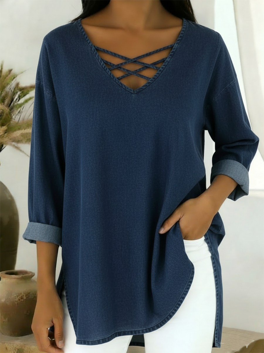 Casual Loose-fitting V-neck Denim Cotton Top