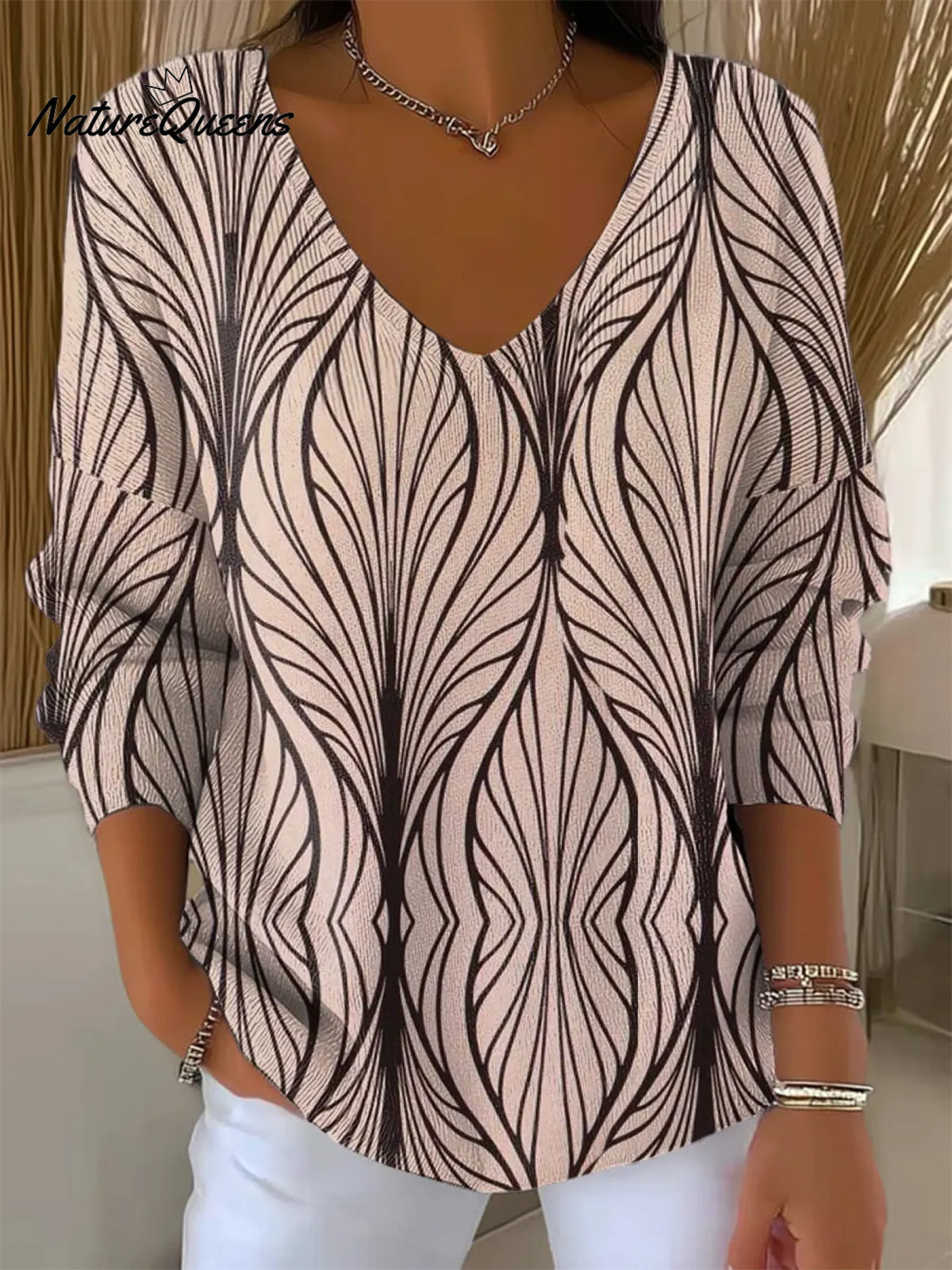 Women's Vintage Lines Art Print V-neckLooseSweater