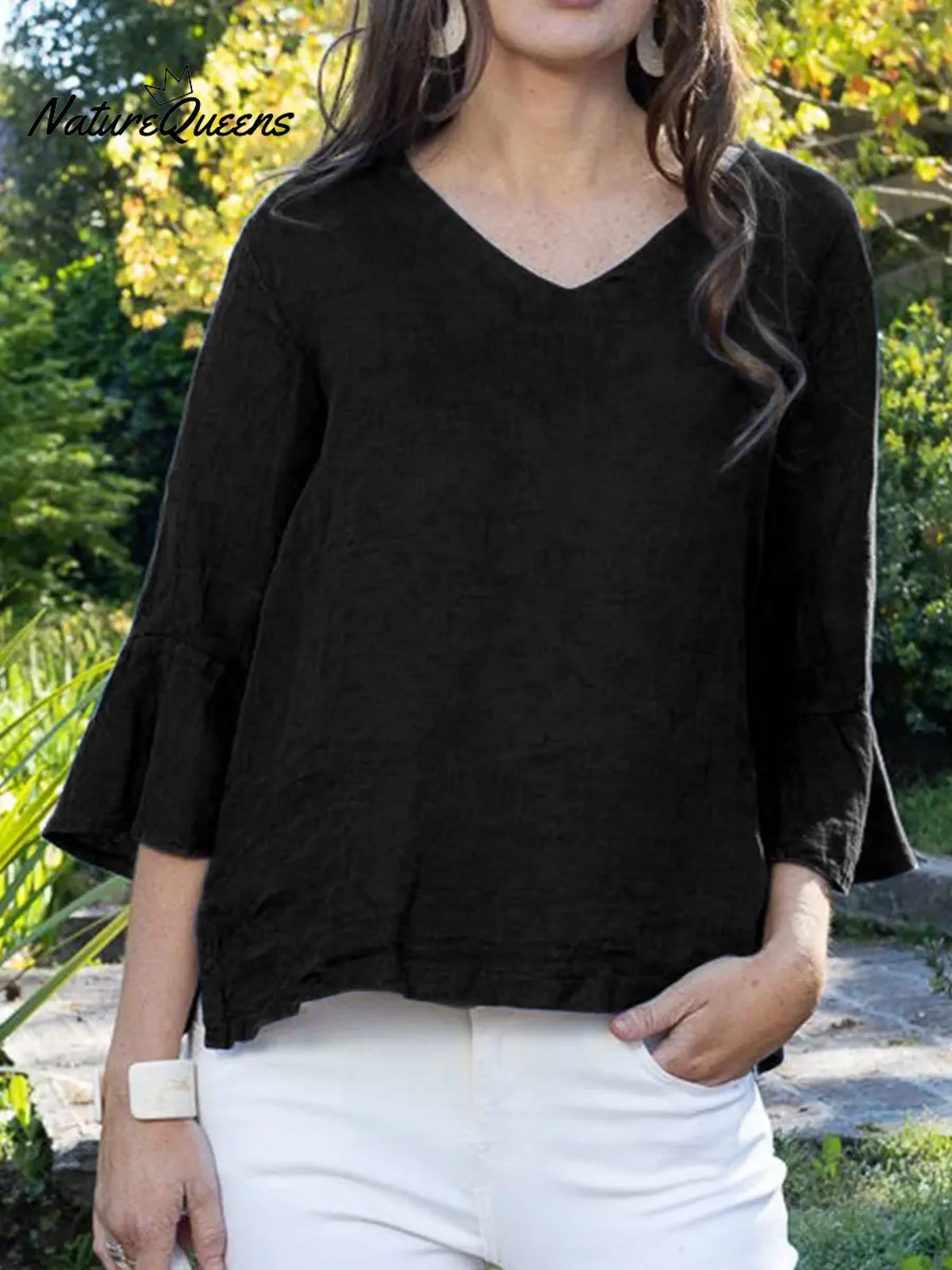 Women's Solid Color V-neck Three-quarter Length Ruffled Sleeve Casual Loose Cotton And Linen Top