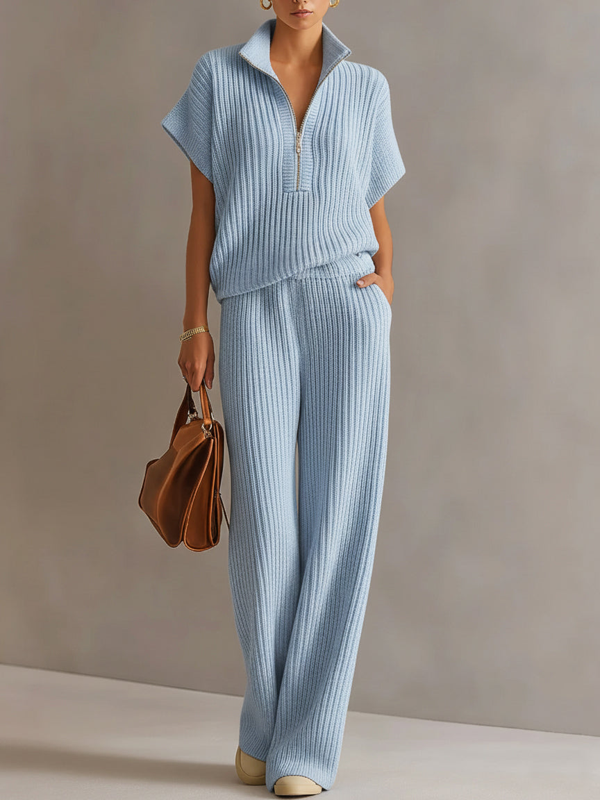 Casual Zippered Stand-collar Top And Straight-leg Pants Knitted Set