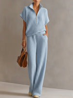 Casual Zippered Stand-collar Top And Straight-leg Pants Knitted Set
