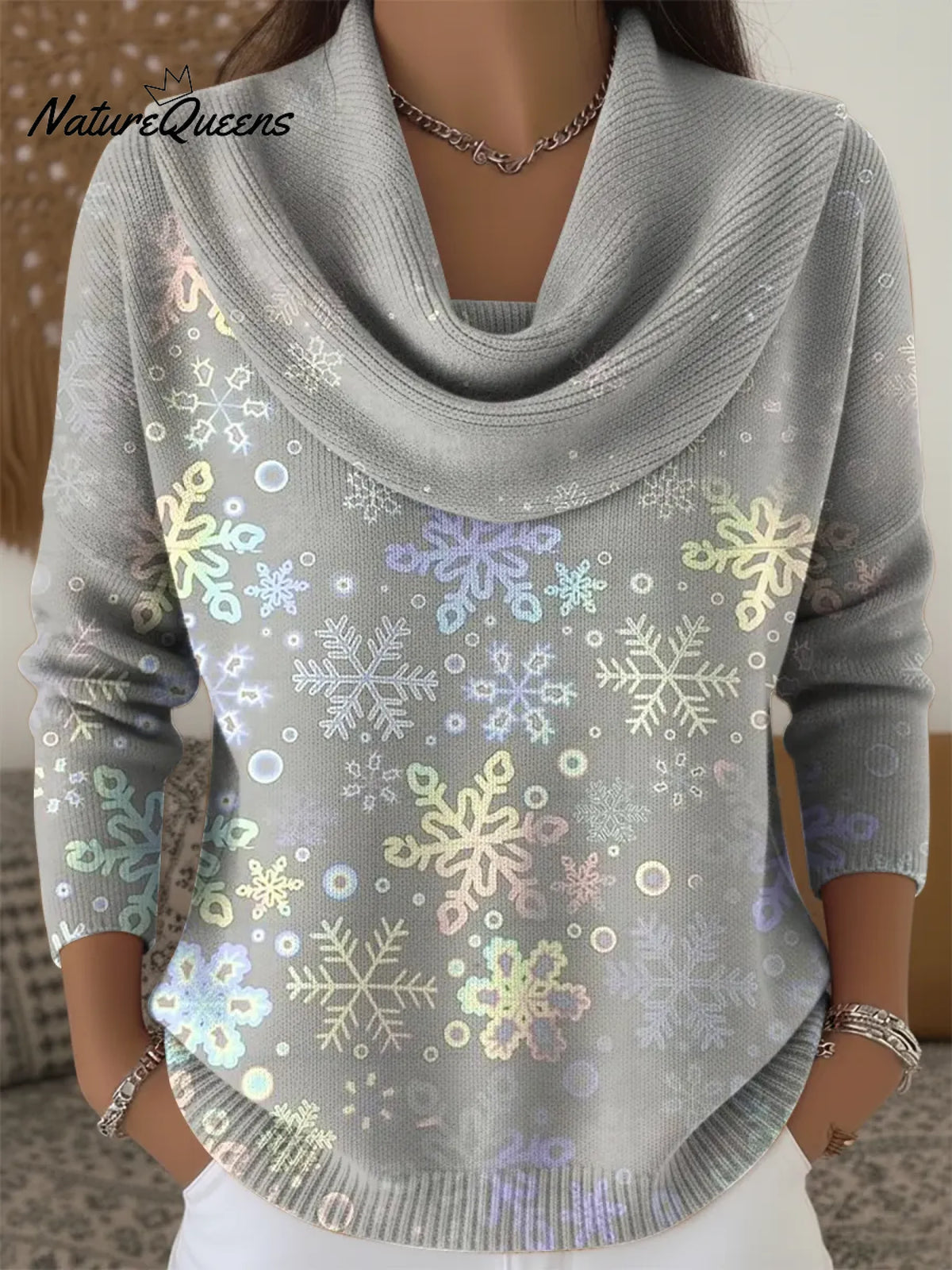 Women's Gradient Snowflakes Print Cowl Neck Sweater