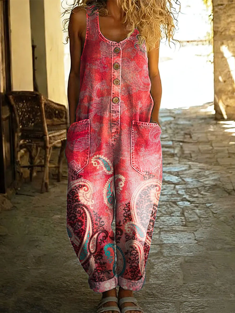 Women's Minimalist Geometric Abstract Casual Cotton Vest Denim Jumpsuit