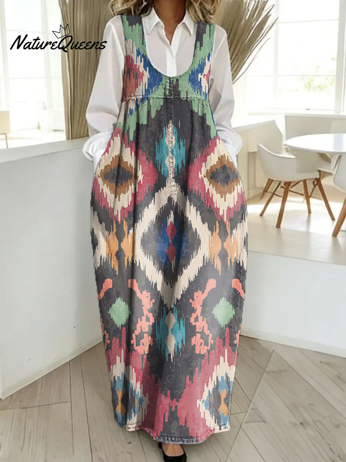 Women's Retro Colorful Pattern Art Print Casual Cotton Denim Dress