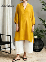 Women's Solid Color V-neck 3/4 Sleeve Casual Loose Fit Cotton Long Shirt