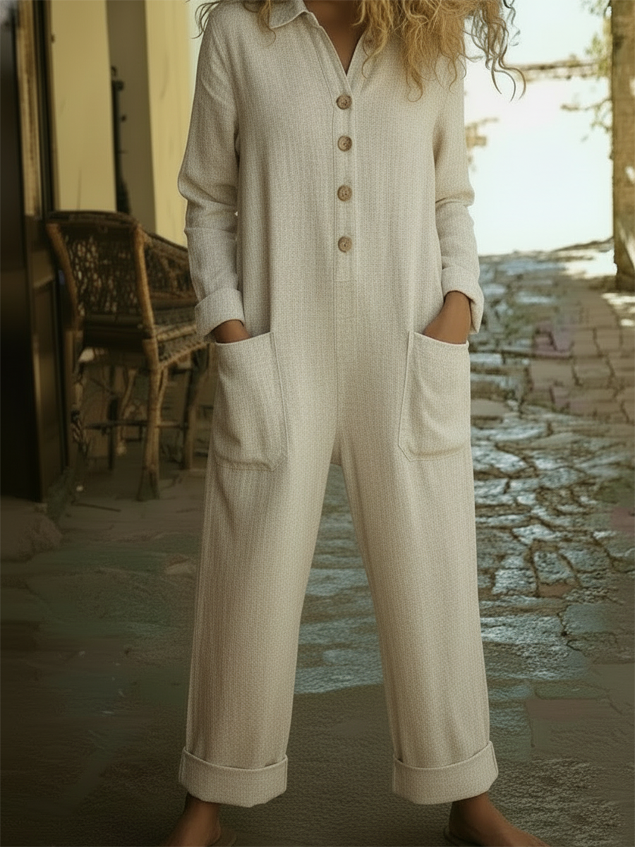 Casual Polo Collar Button-up Linen Jumpsuit