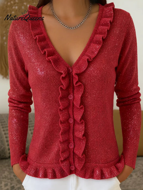 Women's Christmas Comfortable V-neck Ruffle Cardigan Sweater