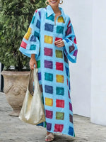 Women's Colorful Geometric Print V-neck Long Sleeve Casual Cotton Linen Dress