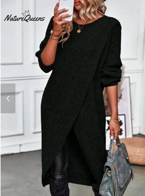 Women's Irregular Hem Round Neck Casual Sweater Dress