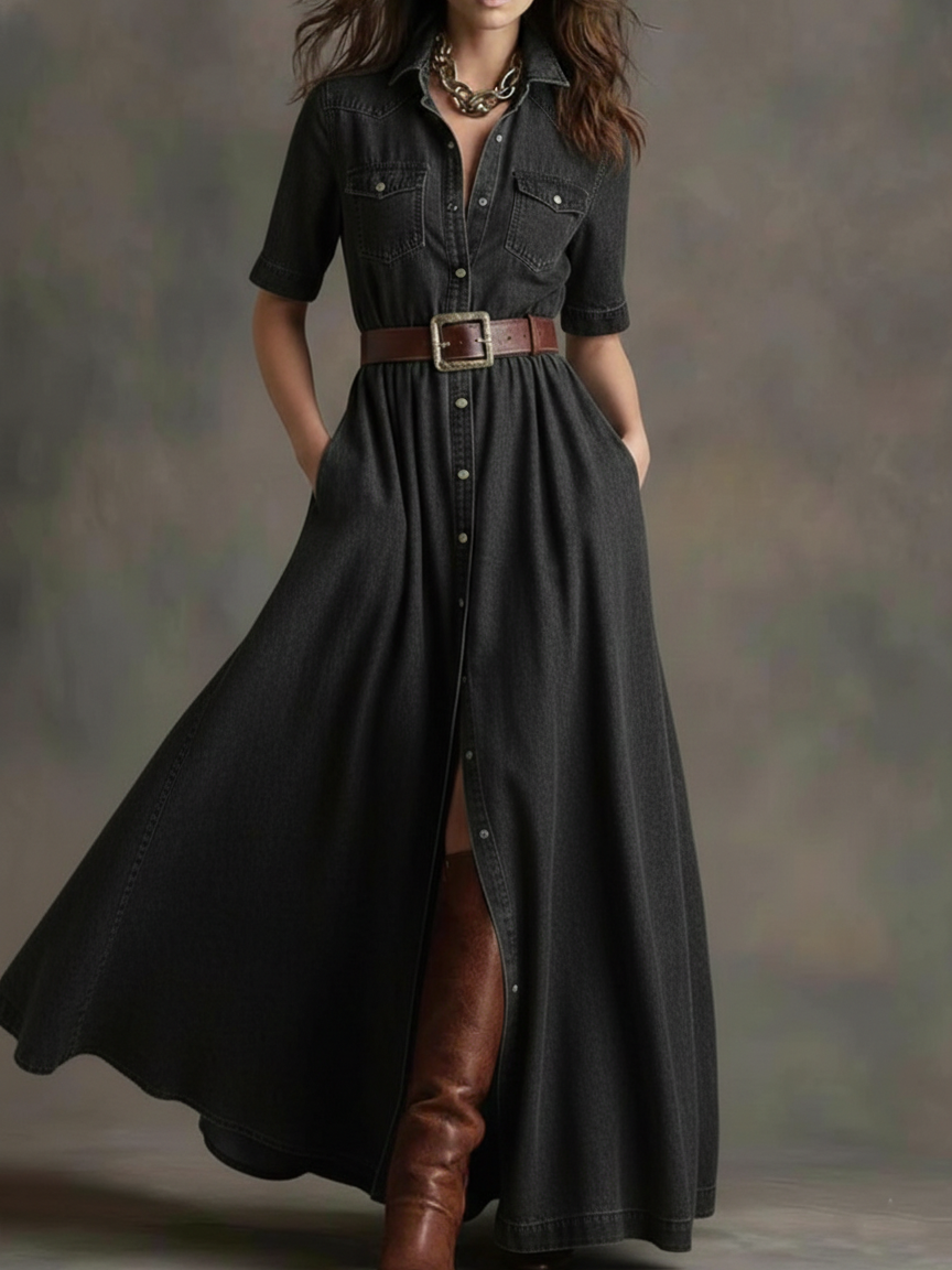 Casual Shirt Collar Button-up Denim Maxi Dress