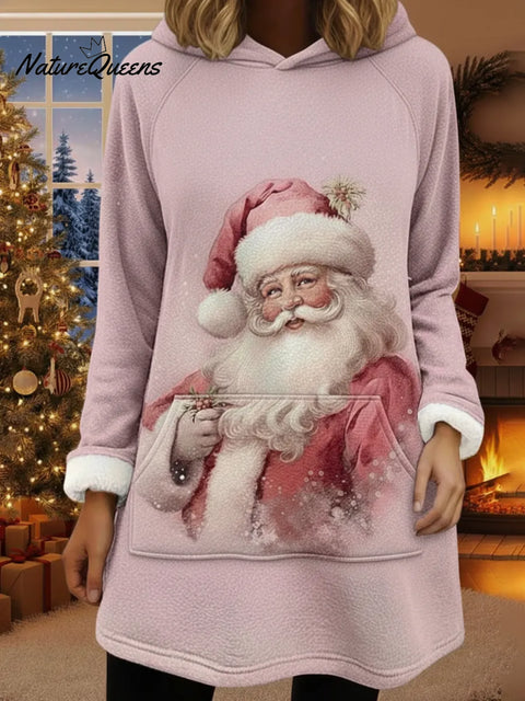 Cute Santa Claus Print Loose Long Hooded Sweatshirt
