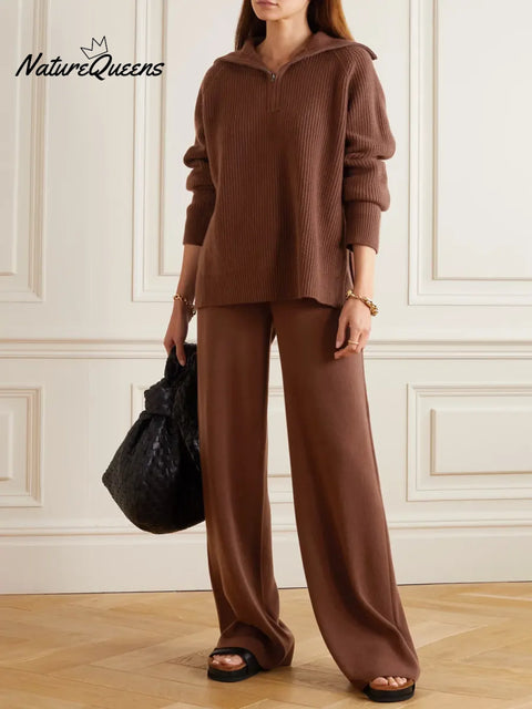 Women's Solid Color Collared Long-Sleeved Casual Loose Knit Top and High-Waisted Knit Wide-Leg Pants Set