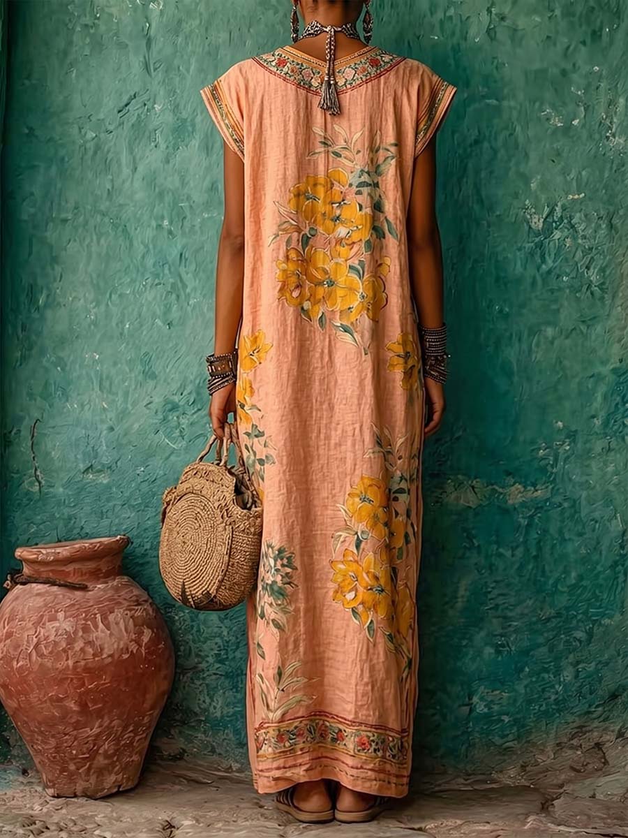 Women's Vintage-print V-neck Sleeveless Loose-fit Cotton-linen Casual Dress