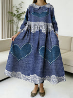 Valentine's Day Denim-style Lace Heart Decorative Pattern Women's Casual Peter Pan Collar Long Sleeve Dress