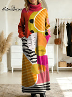 Women's Retro Abstract Geometric Colorful Splicing Patterns Art High-neck Long-sleeve Casual Loose Knit Dress