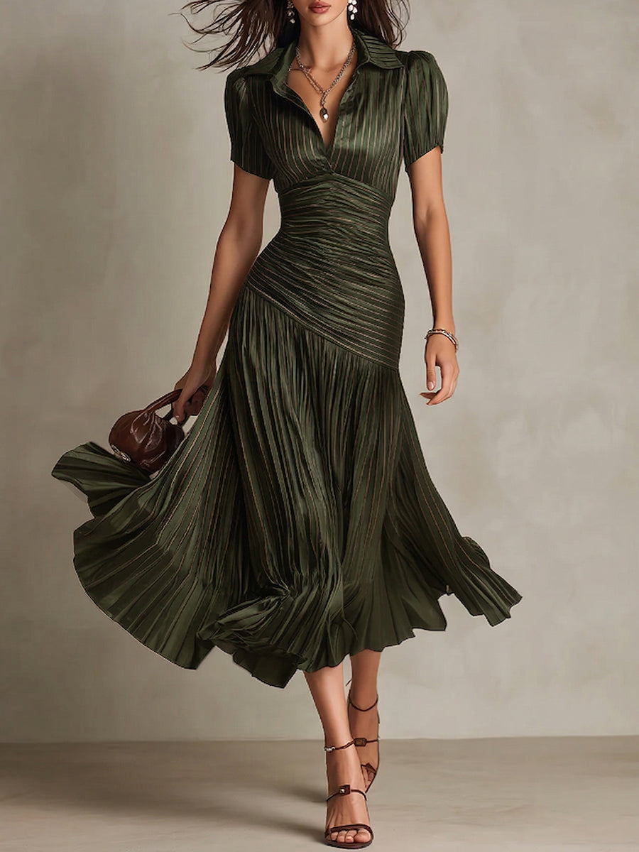 Elegant Draped & Pleated Striped Midi Dress