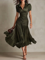 Elegant Draped & Pleated Striped Midi Dress