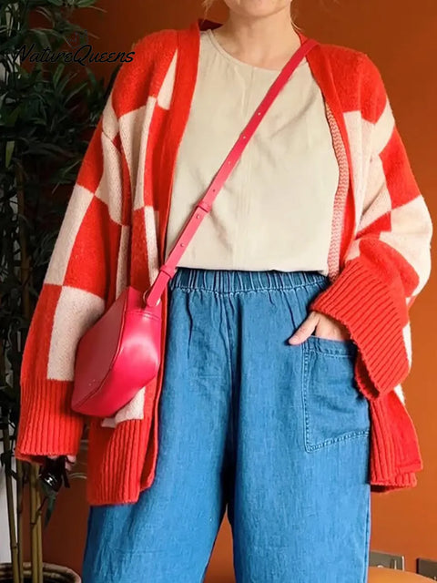 Women's Comfortable Red Plaid Cardigan Sweater