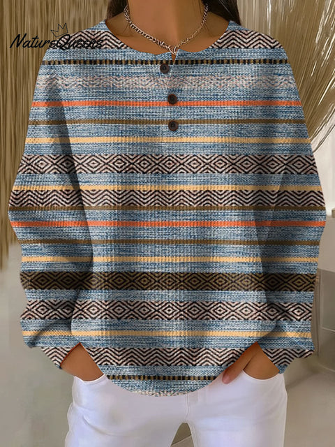 Women's Retro Stripe Pattern Art Print Casual Cotton Shirt