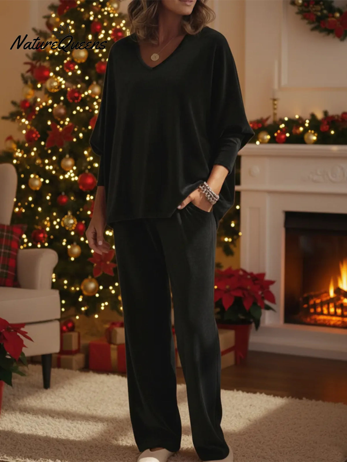 Christmas Cozy Loose Velvet Top And Pants Two-piece Set