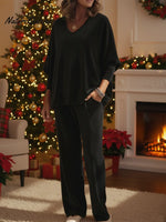 Christmas Cozy Loose Velvet Top And Pants Two-piece Set