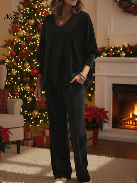 Christmas Cozy Loose Velvet Top And Pants Two-piece Set