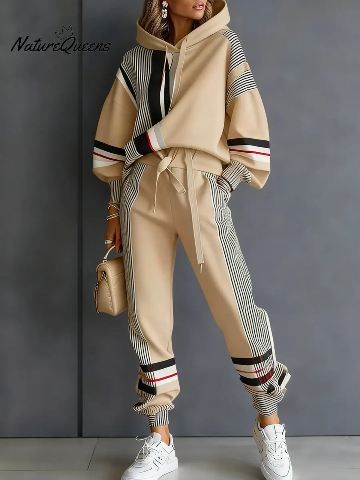 Women's Color Block Long Sleeve Casual Loose Hooded Sweatshirt And Elastic Waist Casual Pants Set