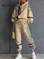 Women's Color Block Long Sleeve Casual Loose Hooded Sweatshirt And Elastic Waist Casual Pants Set