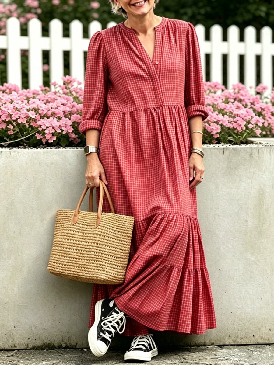 Women's Plaid Pattern Art Casual Long Sleeve Cotton Linen Dress