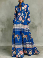 Classic Ethnic-style Dress Featuring Floral And Galloping Horse Print — Turn-down Collar, Cinched Waist, And Flared Skirt