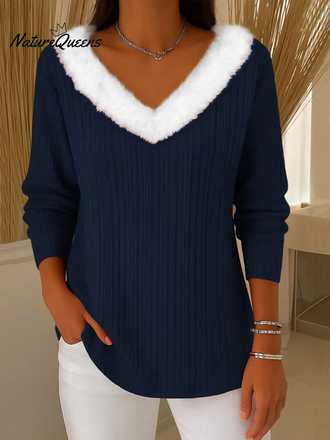 Women's Solid Color V-Neck Long Sleeve Knit Top