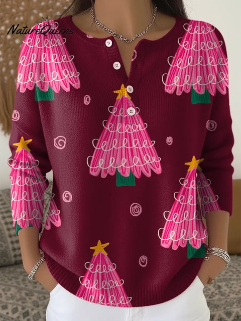 Women's Christmas Tree Pattern Art Print Casual Cardigan Sweater