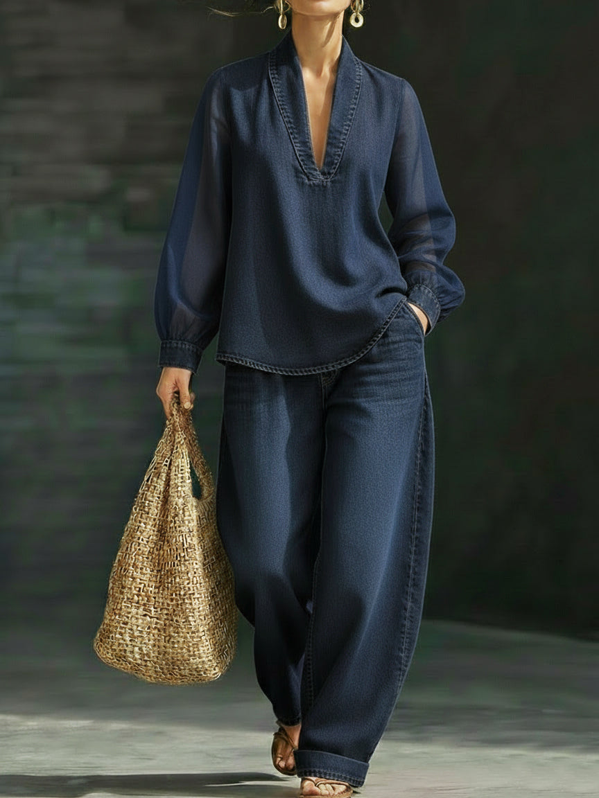 Elegant Stylish Mesh Sleeves Top Denim Two-piece Set