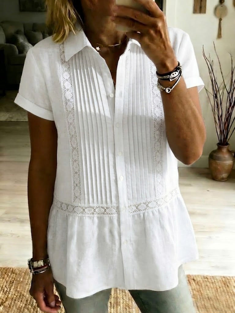 Cotton-linen Top With Openwork Woven Trim And Pleats