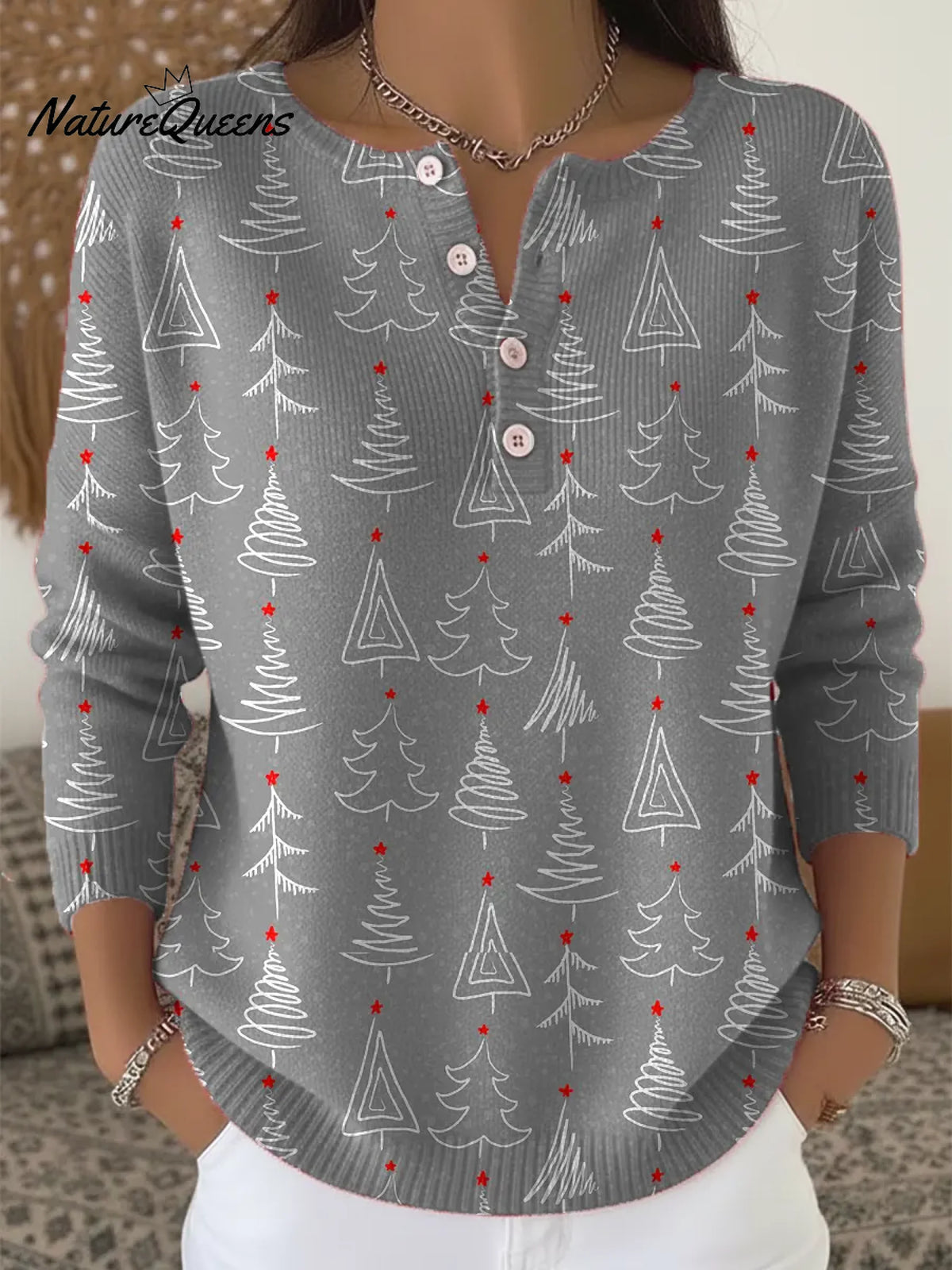 Women's Vintage Christmas Tree Art Print Buttoned Cardigan Sweater