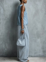 Women's Sleeveless Simple Striped Wide-Leg Pants Set
