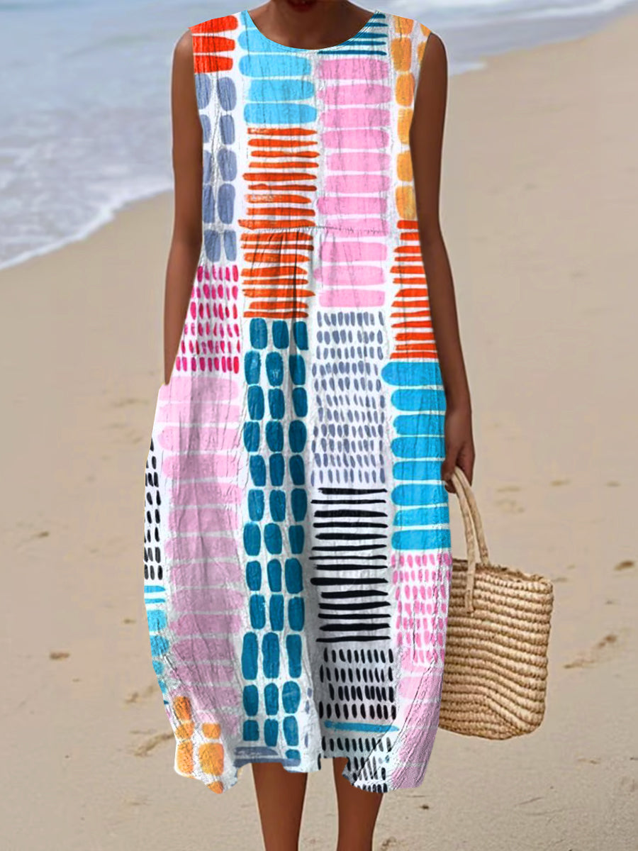 Women's Vintage Geometry Art Print Sleeveless Cotton Pocket Wrap Dress