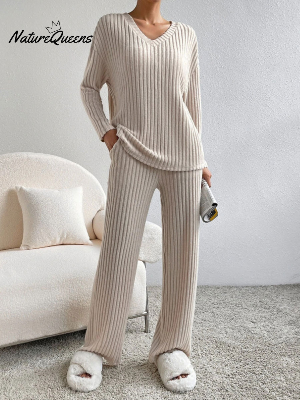 Women's Solid Color Casual Straight Leg Pants Loose V-neck Knit Set